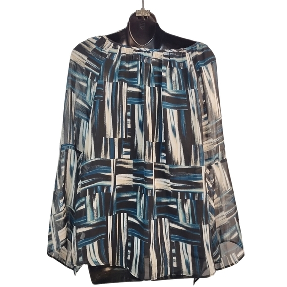 AB Studio Women's Keyhole Neck Asymmetric Sleeve Top Blouse Size M - Picture 2 of 10